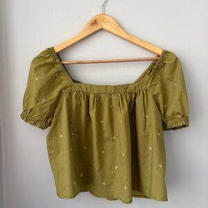 Arizona Jean Company, M, Olive, Off the Shoulder Blouse w/Stitched Flower Detail